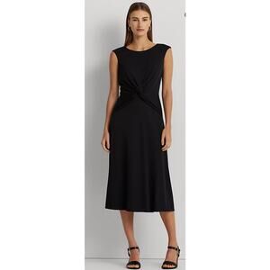 Ralph Lauren Dress Twist Front Jersey Knit Cap Sleeves Sheath Black 10 Classic
